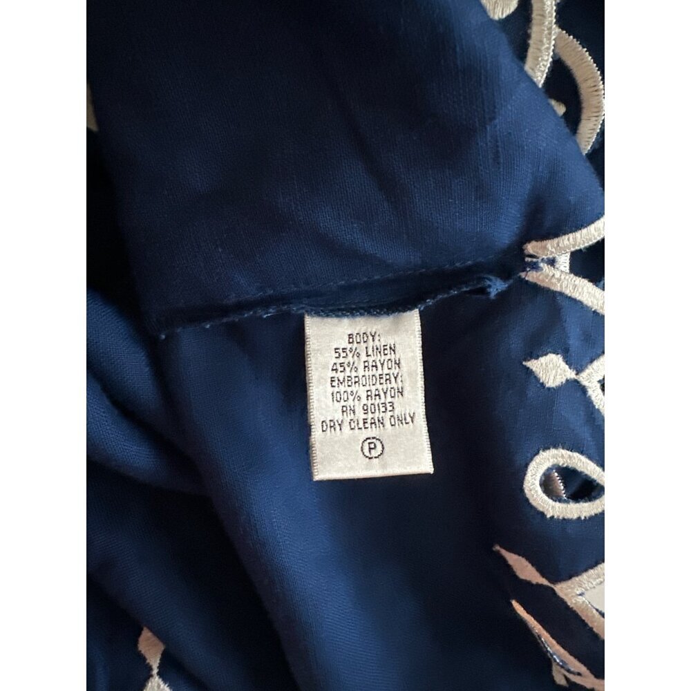 Bob Mackie Blue Linen Blend Jacket Open White Embroidered Hem & Cuffs Size 2X - Picture 6 of 6
